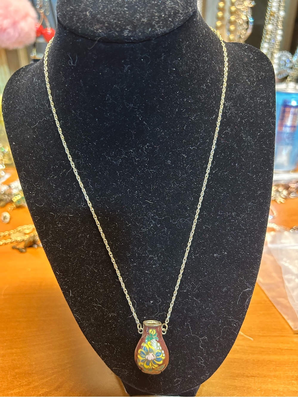 Vintage Cloisonné floral vase pendant necklace
